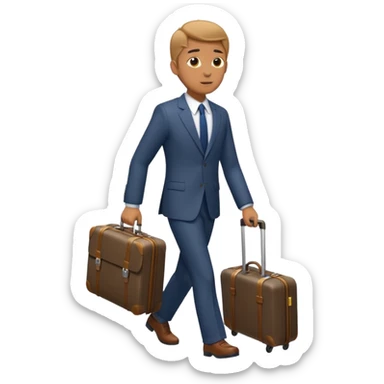 a man walking to leave, bring suitcase sticker