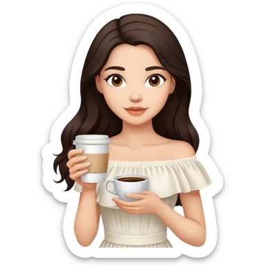 Beautiful woman in 1950’s woman fashion look, off-shoulder white dress, long dark brown hair, coffee sticker