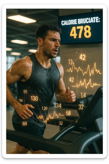 Uomo atletico su tapis roulant in palestra, visibilmente sudato, in piena corsa. Sullo sfondo uno schermo digitale che mostra 'Calorie bruciate: 478'. Intorno al corpo dell’uomo si vedono numeri fluttuanti e grafici energetici, come se si stessero misurando in tempo reale le calorie consumate. Atmosfera dinamica, luce intensa da palestra, sensazione di movimento e impegno. IN ITALIANO sticker