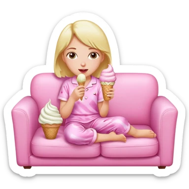 A girl wearing her pajamas while eating icecream on her couch  sticker