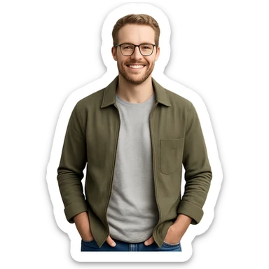 a German man in modern casual style smiling sticker