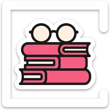 A pile of pink books with glasses on top sticker