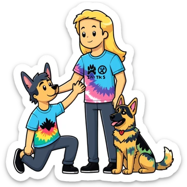 man with long blonde hair wearing tie dye shirt playing with German shepherd sticker