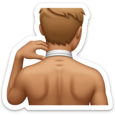 person with strain in the back of their neck. One hand holding the back of the neck sticker