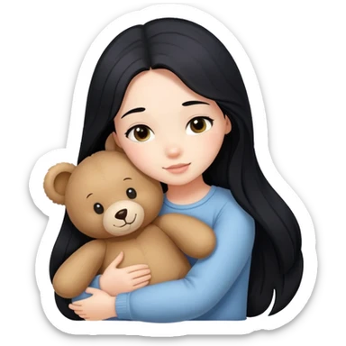a girl with long black hair hugs teddy bear sticker