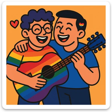 rainbow guitar being played by a joyful gay couple sticker