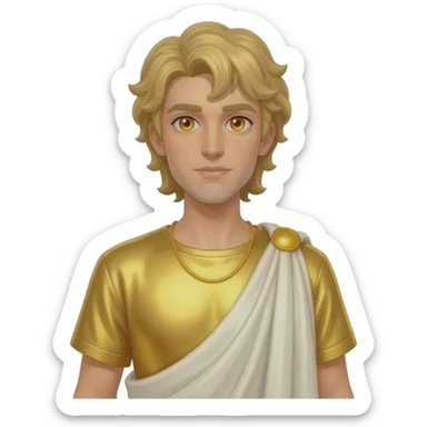Apollo from Greek Mythology with amber eyes, long blonde hair, gold metallic shirt, ivory metallic baggy pants, yellow necklace sticker
