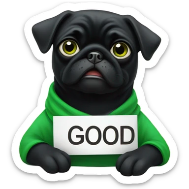 Black pug holding a green sign that says good luck  sticker