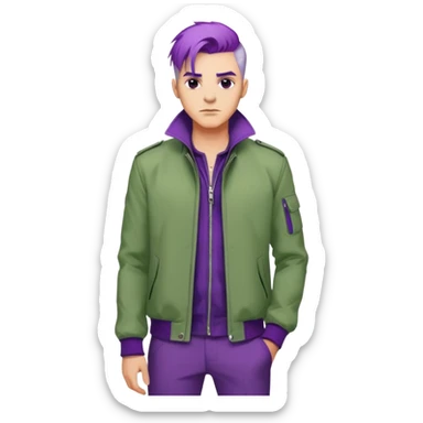 Confident man with purple hair and stylish green jacket, powerful stance like Thanos, modern fashion sticker