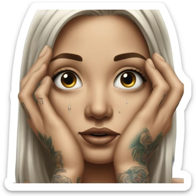 Hyper Realistic Beautiful tattooed woman crying reaching out  sticker