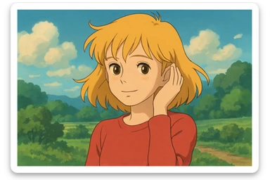 A girl yellow hair brown eyes red Just Cool Women's Long Sleeve Cool T-Shirt touching  to the ear sticker