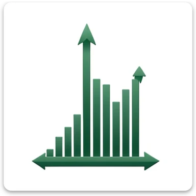 minimalist growth chart with white bars and dark green shadows and details, dark green arrow, white background, iOS emoji style, no faces or smileys sticker