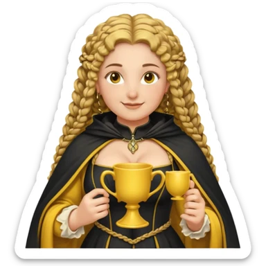Helga Hufflepuff, 2 curly thick brown braids, yellow-black medieval dress, black cloak decorated with gold braiding, tiny two-handled shiny yellow-gold cup, very kind smile, curvy busty sweet woman, thick rosy cheeks sticker