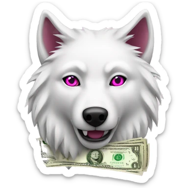 white wolf with dark pink eyes around money sticker