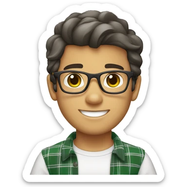 Draw a boy wearing glasses, a white t-shirt, a black and gray plaid shirt, smiling, white skin color, green eyes, and a nice hairstyle called “curtains” (dark hair). sticker