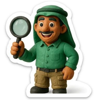 Create a realistic emoji character named Master Hunt. He is a Saudi young adult ,a button-up shirt and cargo pants. In one hand, he holds a magnifying glass, and he has an enthusiastic smile on his face. The background should be transparent , positive work culture. sticker
