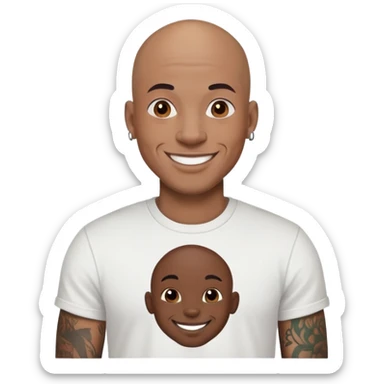 bald black man with full face tattoos, smiling, wearing a t-shirt sticker