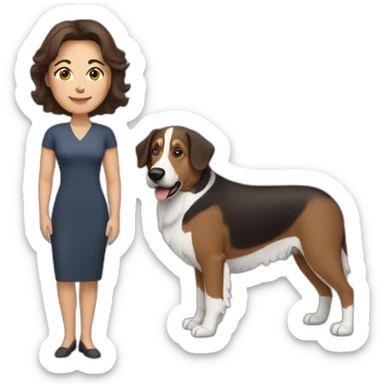 middle aged brunette woman with medium hair and shepard dog sticker