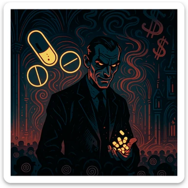 Sinister man in a tailored suit, glowing pills, hypnotic crowd, swirling pharmaceutical symbols, dollar signs in smoke, neon-lit gothic stage, cinematic cyber-noir lighting, hyper-detailed, Mike Mignola style. Variant 10, more focus on pharmaceutical symbols. sticker