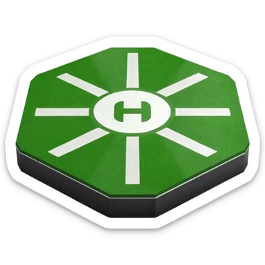 a helipad with a green surface and an H in the center sticker