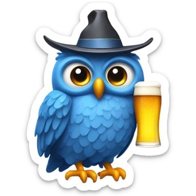 Blue owl wearing a hat that has straws you can put beer in and drink sticker