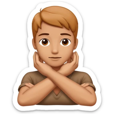 Hands crossed holding neck sticker