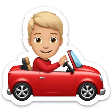 boy driving red car profile whole car visible sticker