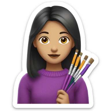 Half Asian girl in bright purple sweater holding paintbrushes and pencils sticker