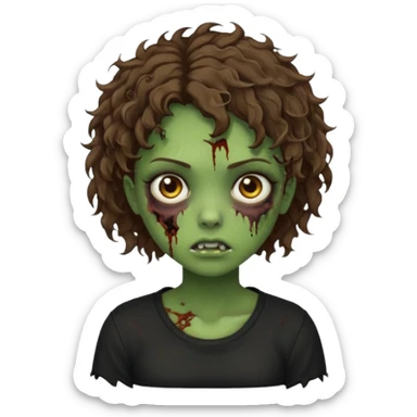 Zombie girl emoji verde com cabelo curto cacheado castanho com uma blusa preta sticker