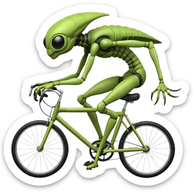 insectoid alien riding a bicycle, bug-like eyes, segmented limbs, strange but fun cycling pose, sci-fi creature vibe, 3D cartoon, mobile game icon style, clean background, no text, no watermark
 sticker