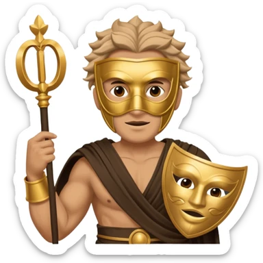 Greek thespian in full costume with a mask holding a prop sticker