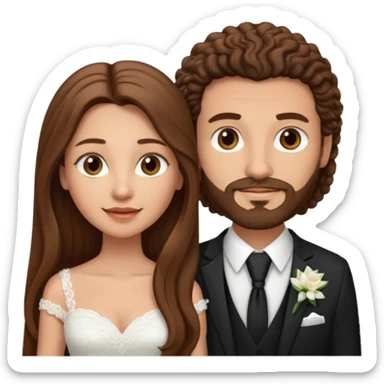 wedding couple woman with long straight brown hair and eyes man with long brown curly hair and facial hair sticker