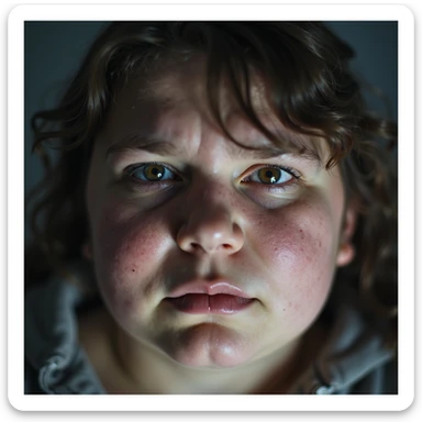 Close-up of obese woman with a lost gaze, tired eyes, furrowed brow, blurred or double exposure effect suggesting mental confusion, hyperrealistic 4K details. sticker