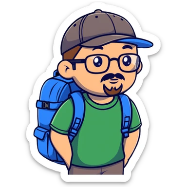 adventurer with goatee beard (no beard on cheeks), short hair, glasses, backwards baseball cap and backpack sticker