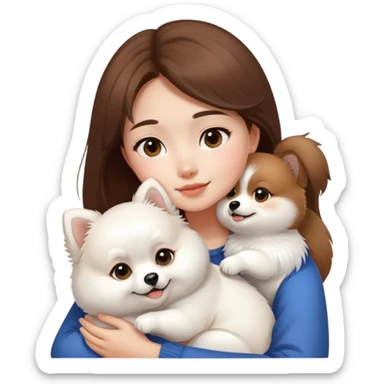 Asian brow hair girl hug white Pomeranian sticker