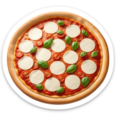 Cinematic Realistic Pizza Napoletana Dish Emoji, depicted as a classic thin‚Äêcrust pizza topped with vibrant tomato sauce, fresh mozzarella, and basil rendered with mouth‚Äêwatering textures and warm natural lighting. sticker