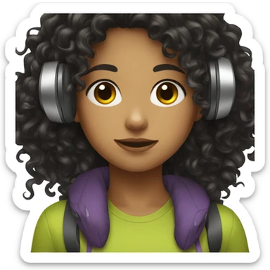 girl with dark curly hair and headphones  sticker