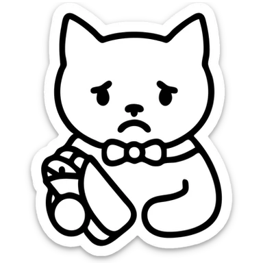 white cat with light pink bow, sad expression, holding a dürüm, icon style sticker