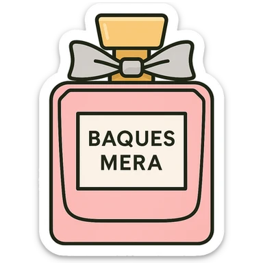 Make the pink perfume bottle more elegant inspired by the Miss Dior design, with a refined bow and delicate details, on a white background. Keep the text 'bagues mera' visible on the bottle. sticker