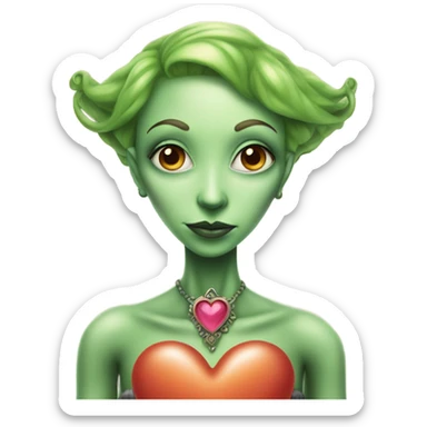 a green alien woman in Victorian orange dress, pink hair,holdig, red big hearth, full body sticker