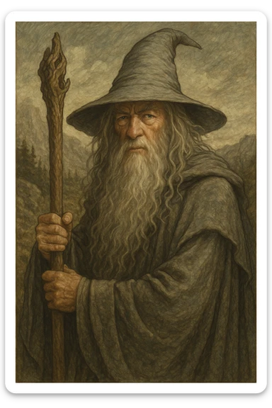 Gandalf the Grey, a wise old wizard with a long beard, pointy hat, and staff, fantasy illustration style sticker