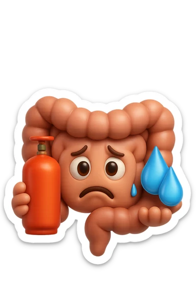 EMOJI STILE IPHONE DI un'intestino preoccupato che ha una bombola di gas in mano e due gocce di acqua in 3d nell'altra mano, IPERREALISTICO 4K sticker