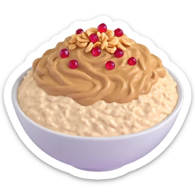 bowl of creamy oatmeal topped with swirls of peanut butter, shredded coconut, and ruby red pomegranate seeds sticker
