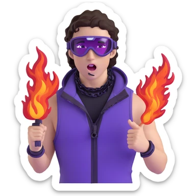 close-up of bad guy male athlete with white skin and moderately curly dark brown hair on top with shaved sides, wearing ski goggles with purple frames and very dark black lenses, a simple plain black chain necklace, and a completely unzipped sleeveless vest with purple and black sequin fire pattern design with no logo, pulling his tongue out very far in an exaggerated mocking gesture, looking menacing and villainous sticker