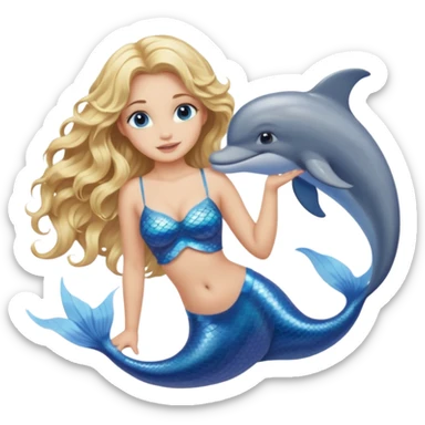 Adult mermaid with blonde wavy hair, light skin, with a dolphin sticker