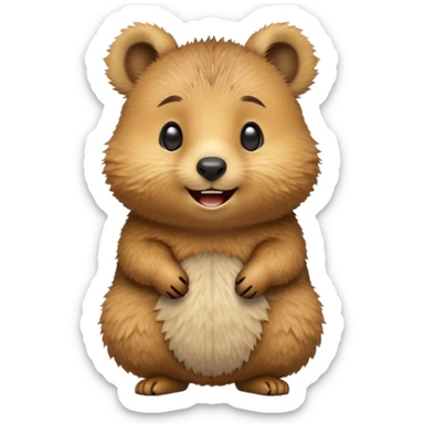 cinematic-quokka-realistic-emoji -hunched-over-emoji,-small-round-frame-balanced-on-tiny-strong-hind-legs,giant-fluffy-cheeks-large-smile-fluffy-brown-fur-radiating-a-warm-softness,-big-round-eyes-filled-with-joy, realistic emoji sticker