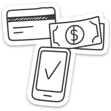 hand drawn outline icons of payment methods: credit card, cash, phone sticker