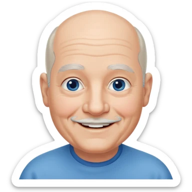 75,  bald, grey side hair, chubby, blue eyes, chin hair sticker