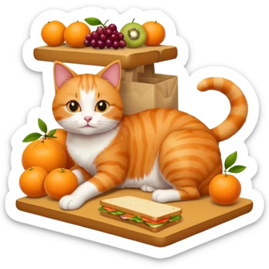 Cat in a grocery store on the floor with fruit and sandwiches  sticker
