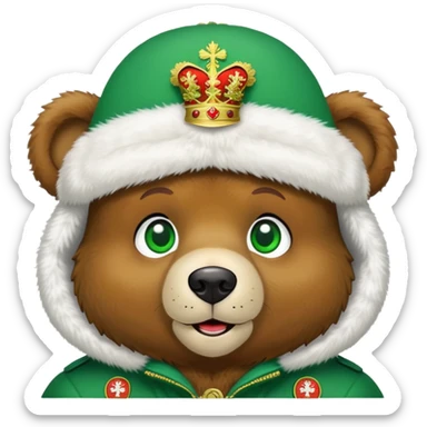 Sweet brown teddy bear face with friendly expression and bright green eyes, snow white furry ushanka hat with detailed Russian Federation coat of arms, iOS emoji style sticker